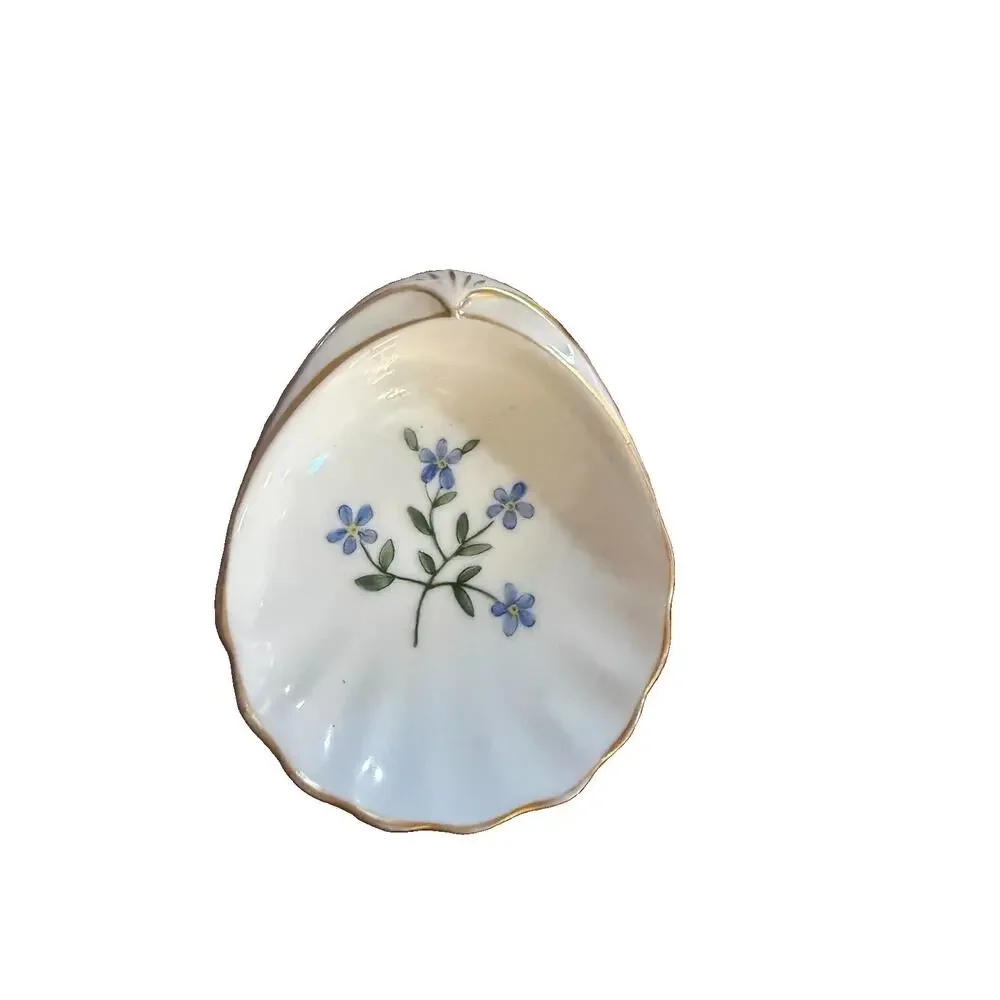 Vintage 1927 E.M. Hand-Painted Porcelain Trinket Dish Forget-Me-Nots Gold Trim